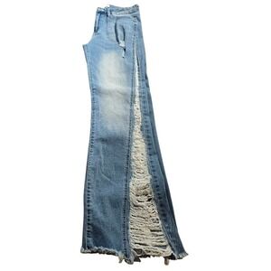 Womens Flare jeans 11/30 Distressed Raw Hem Light wash HighRise Stretch Denim707